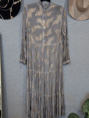 Boho Tiered Long Sleeve Dress in Gray and Beige